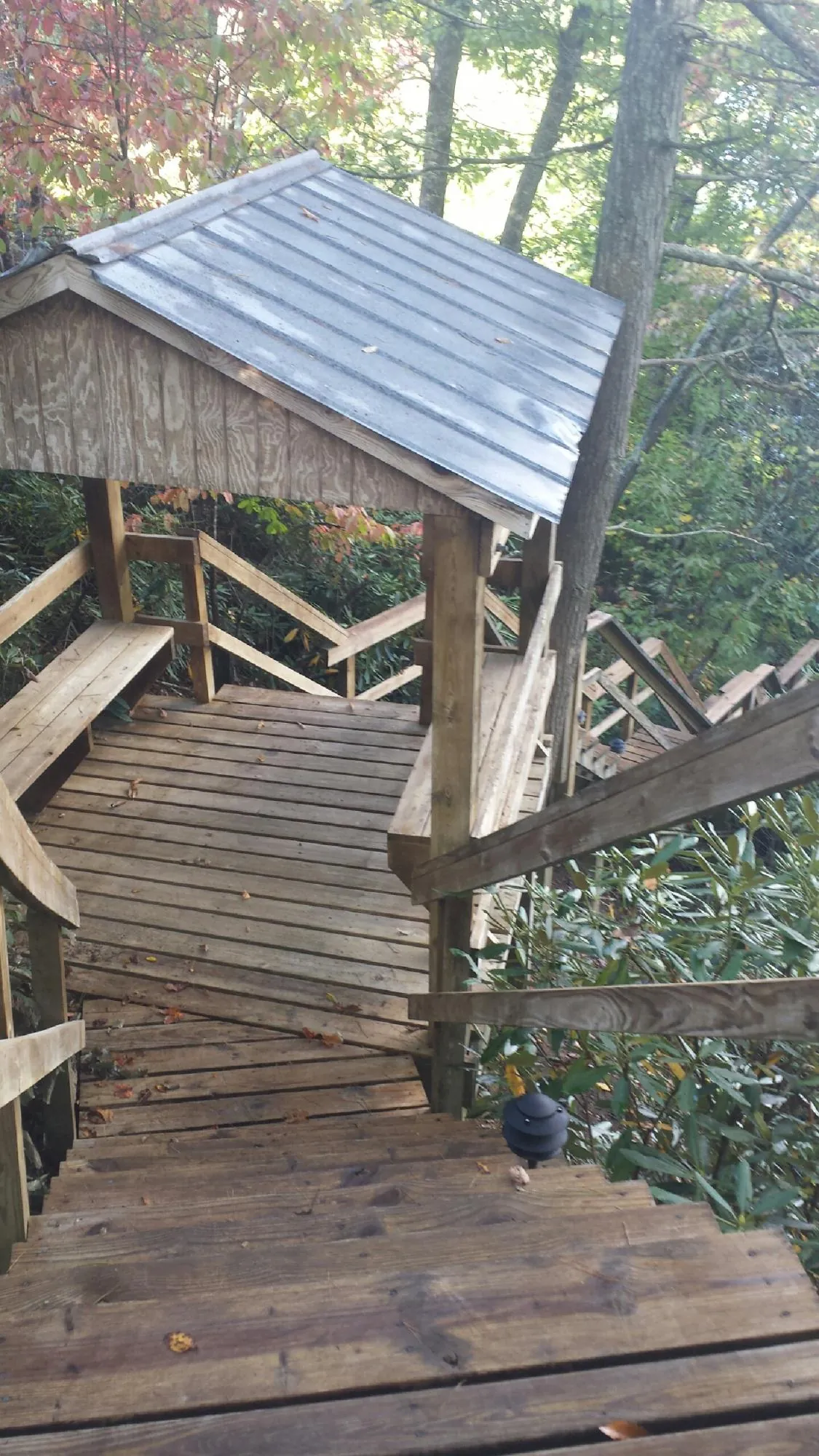 Metal roofed shelter over wooden steps on a wooded walkway — Skylight Repair & Installation work by our crew in Tracy